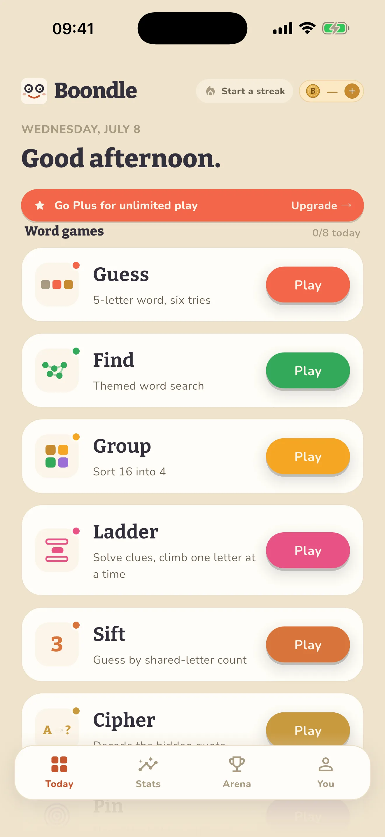 Boondle home screen with the day's word games lined up ready to play